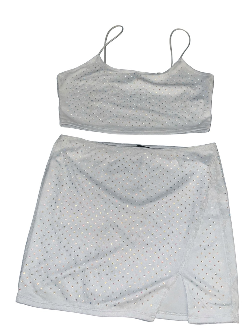 Forever 21 White Rhinestone Two-Piece Crop Top & Skirt Set